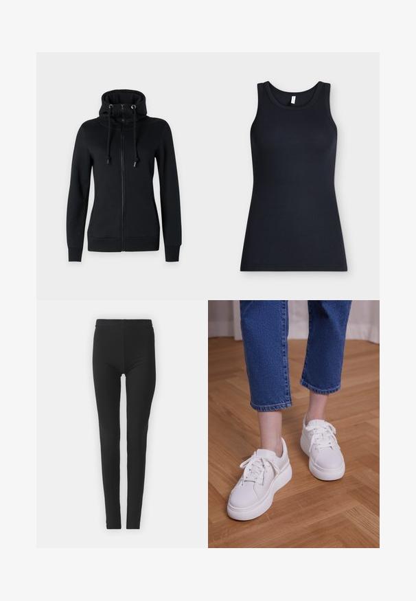 Čierna mikina na zips s vysokým golierom a kapucňou na šnúrku, s dlhými rukávmi a rebrovanými manžetami. Vyrobená z jemného, elastického materiálu.; Čierne rebrované tielko bez rukávov s okrúhlym výstrihom, zobrazené na svetlom pozadí na rovnej ploche.; Čierne, elastické legíny s tesným strihom, so zvýšeným pásom a hladkým povrchom. Žiadne viditeľné vzory ani hardvérové detaily.; Nohy v modrých krátkych džínsach a bielych platformových teniskách so šnúrkami stojace na svetlej drevenej podlahe.