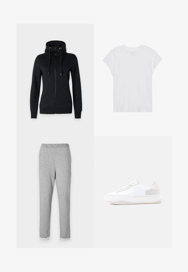 Sort zip-up hoodie med høj krave og snørehætte, med lange ærmer og ribbede manchetter. Lavet af blødt, strækbart stof.; Hvid kortærmet t-shirt med rund hals, afslappet pasform, lavet af blødt bomuldsstof. Glat tekstur, ingen mønstre eller logoer.; Grå sweats med elastisk talje, tapered ben design og foldet manchet ved kanten. Blød tekstur uden synlige mønstre eller accenter.; Hvid sneaker med en glat overdel, diskrete grå accenter på hælen, flade snørebånd og en struktureret hvid sål med små perforeringer.