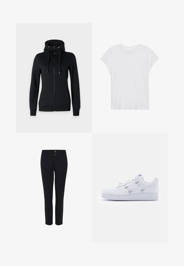 Haut de survêtement zippé noir avec un col montant et une capuche à cordon, doté de manches longues et de poignets côtelés. Fabriqué en tissu doux et extensible.; T-shirt blanc à manches courtes, col rond, coupe décontractée, en tissu de coton doux. Texture lisse, sans motifs ni logos.; Pantalons noirs sur mesure en tissu mélangé coton, avec deux boutons à l'avant, une coupe droite et une texture lisse. Aucun motif visible.; Nike Sportswear AIR FORCE 1 - Baskets basses - white/hyper royal/black