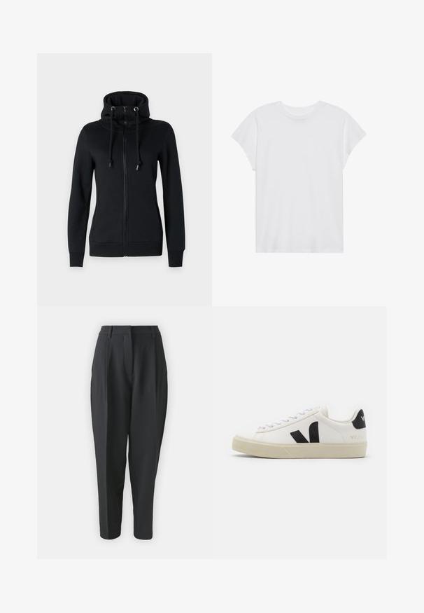 Sudadera negra con cremallera y cuello alto, con capucha ajustable, que cuenta con mangas largas y puños acanalados. Fabricada con un tejido suave y elástico.; Camiseta blanca de manga corta con cuello redondo, corte relajado, hecha de suave tela de algodón. Textura lisa, sin estampados ni logotipos.; Pantalones negros ajustados con cintura alta, pinzas y pierna entallada. Tejido liso sin patrones ni adornos visibles.; Zapatilla de cuero blanca con logo V de goma negra. Suela texturizada en blanco roto, cordones blancos y detalle en el talón trasero con el nombre de la marca en negro.