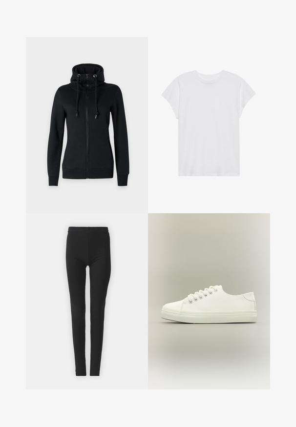 Schwarzer Zip-Hoodie mit hohem Kragen und Kordelzugkapuze, ausgestattet mit langen Ärmeln und gerippten Bündchen. Hergestellt aus weichem, elastischem Stoff.; Weißes kurzärmliges T-Shirt mit Rundhalsausschnitt, lockerer Passform, aus weichem Baumwollstoff. Glatte Textur, keine Muster oder Logos.; Schwarze, elastische Leggings mit enger Passform, die einen hohen Bund und eine glatte Textur aufweisen. Keine sichtbaren Muster oder Beschlagdetails.; Weißer Low-Top-Sneaker mit weißen Schnürsenkeln und Gummisohle, seitlich auf neutralem Hintergrund dargestellt.