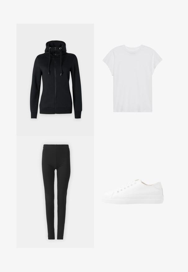 Sudadera negra con cremallera y cuello alto, con capucha ajustable, que cuenta con mangas largas y puños acanalados. Fabricada con un tejido suave y elástico.; Camiseta blanca de manga corta con cuello redondo, corte relajado, hecha de suave tela de algodón. Textura lisa, sin estampados ni logotipos.; Leggings negros y elásticos con un ajuste ceñido, que cuentan con una cintura alta y una textura suave. Sin patrones visibles ni detalles de hardware.; Zapatillas de lona blancas con un diseño de corte bajo, puntera redonda, seis ojetes y suela de goma texturizada. Material suave con acentos mínimos.