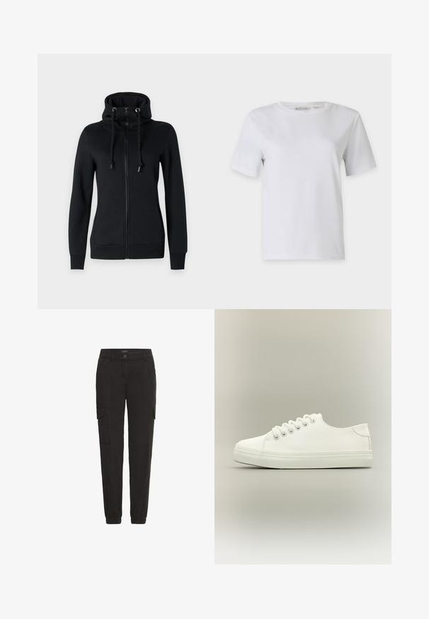 Sort zip-up hoodie med høj krave og snørehætte, med lange ærmer og ribbede manchetter. Lavet af blødt, strækbart stof.; Hvid kortærmet t-shirt lavet af glat bomuld. Har en rund hals og lige kant, uden mønstre eller udsmykninger.; Sorte cargo-bukser lavet af letvægtsstof, med elastisk talje, sidelommer og en afslappet pasform.; Hvid lavtop sneaker med hvide snørebånd og gummisål vist fra siden på en neutral baggrund.