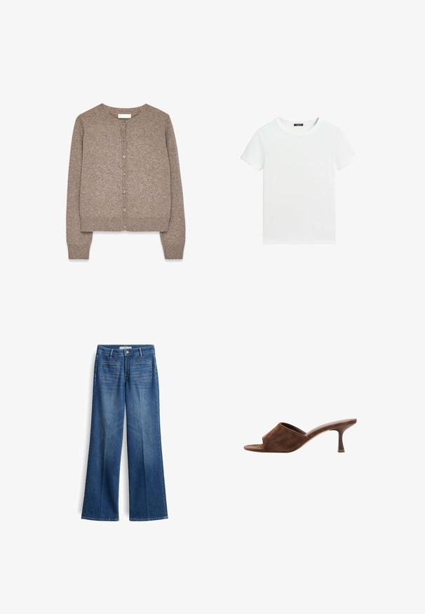 Gehaakte cardigan in lichtbruin, met een ronde halslijn, lange mouwen en zes bijpassende knopen aan de voorkant. Zachte textuur en aansluitende zoom.; Effen wit T-shirt met korte mouwen, een ronde hals en een klein zwart labeltje aan de binnenkant van de kraag.; Wijde blauwe denim jeans met een middelhoog taille, twee achterzakken en subtiele stikdetails, gemaakt van een stevige katoenmix.; Bruine suède open-toe mule met een middelhoog, gebogen houten hak en slip-on ontwerp op een witte achtergrond.