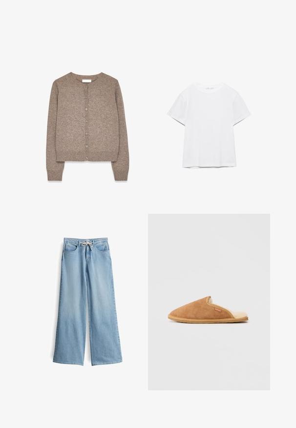 Strickjacke in Hellbraun, mit rundem Halsausschnitt, langen Ärmeln und sechs passenden Knöpfen an der Vorderseite. weiche Textur und figurbetonter Saum.; Unifarbenes weißes T-Shirt mit kurzen Ärmeln und Rundhalsausschnitt, gerader Saum, dargestellt auf weißem Hintergrund.; Helle blaue, weit geschnittene Jeans aus Denim. Mit höherem Bund, Gürtelschlaufen, zwei Vorderaschen und einem Zugverschluss.; Braune Wildlederhausschuhe mit einem weichen, cremefarbenen Fleecefutter und einer beigen Gummisohle. Sie verfügen über eine runde Zehenpartie und ein seitliches Ausschnittdesign.