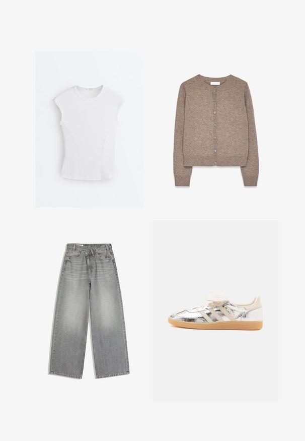Cardigan en tricot marron clair, avec un col rond, des manches longues et six boutons assortis sur le devant. Texture douce et ourlet ajusté.; Haut sans manches blanc côtelé avec encolure ronde et détails de coutures courbes sur un fond blanc uni.; Jean en denim gris à jambes larges avec fermeture par bouton et zip, poches avant et passants de ceinture, posé à plat sur fond blanc.; Baskets basses avec dessus argenté brillant, trois bandes beige, lacets blancs et semelle en caoutchouc beige, vues de côté sur fond blanc.