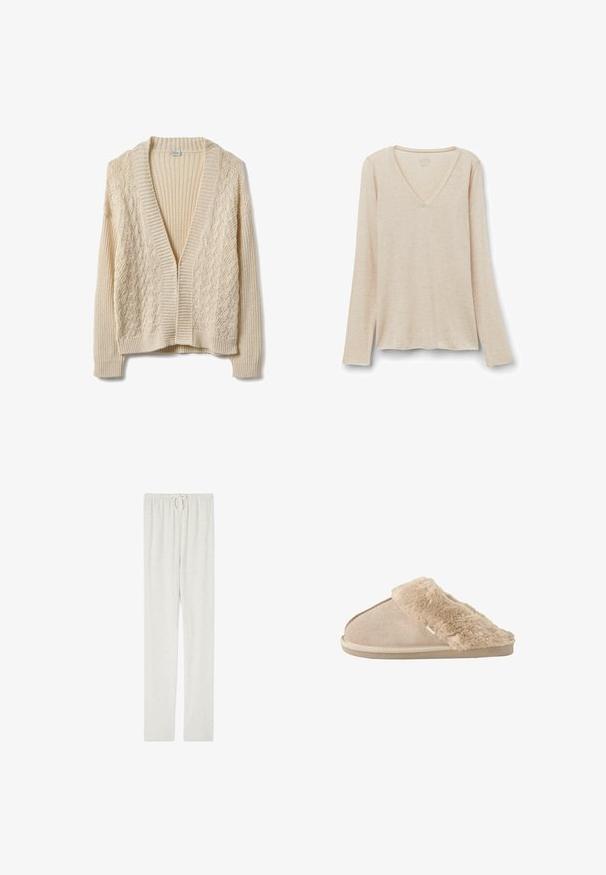 Cárdigan beige con escote en V, apertura frontal y patrón de punto texturizado. Puños y dobladillo acanalados, con una combinación de trenzas y tejido en cesta.; Camiseta de manga larga con escote en V en tejido beige claro con una textura suave. Corte relajado con dobladillo recto y diseño minimalista.; American Vintage JOGGING - Pantalones deportivos - gris chine; Zapatilla beige sin cordones con exterior de ante suave y forro interior y borde mullidos y esponjosos, diseñada para la comodidad en interiores.