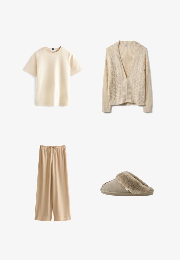 Beiger Cardigan mit V-Ausschnitt, offenem Vorderteil und strukturiertem Strickmuster. Gerippte Bündchen und Saum, kombiniert mit Zopf- und Korbmuster.; Beige T-Shirt mit kurzen Ärmeln aus weicher Baumwolle, mit einem runden Ausschnitt und einem entspannten Schnitt mit subtiler Textur.; Nacktfarbene, weit geschnittene Hosen aus weichem, leichtem Stoff, mit elastischem Bund und Kordelzug sowie einem entspannten Schnitt.; Beiger Hausschuh zum Hineinschlüpfen mit weichem, plüschigem Fellbesatz rund um die Öffnung und einer aussenseitig velourslederähnlichen Sohle.