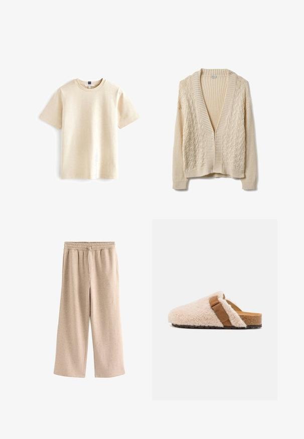 Cárdigan beige con escote en V, apertura frontal y patrón de punto texturizado. Puños y dobladillo acanalados, con una combinación de trenzas y tejido en cesta.; Camiseta de manga corta beige hecha de algodón suave, con un escote redondo y un corte relajado con una textura sutil.; Pantalones beige de pierna ancha con cintura elástica y cordón, hechos de una tela suave y moteada.; Zuecos de piel de oveja en color beige con una tira de ante marrón, plantilla de corcho y suela exterior de goma texturizada, diseñados para comodidad y uso casual.