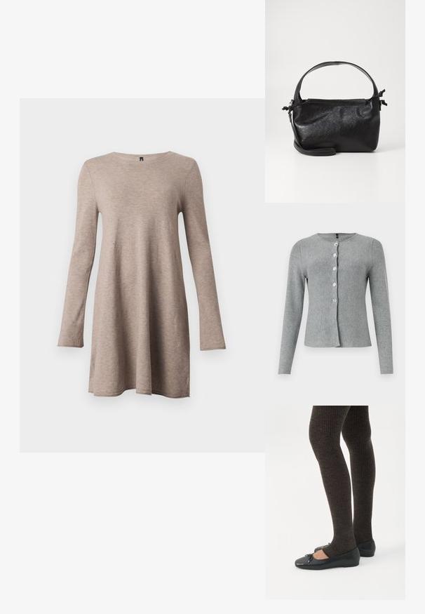 Grijze lange mouw cardigan, ronde halslijn, met vijf doorzichtige knopen aan de voorkant, gemaakt van een zachte gebreide stof met een gladde textuur.; Lange mouwen, A-lijn jurk in beige, gemaakt van zachte stof met een ronde halslijn. Heeft een comfortabele pasvorm en taps toelopende mouwen.; Benen met donkere geribbelde leggings gecombineerd met zwarte ballerina's met kleine strikdetails op een witte achtergrond.; Zwarte leren handtas met een gestructureerd ontwerp, een ronde bovenhandgreep en een afneembare schouderriem. Beschikt over een gladde textuur en een subtiele glans.