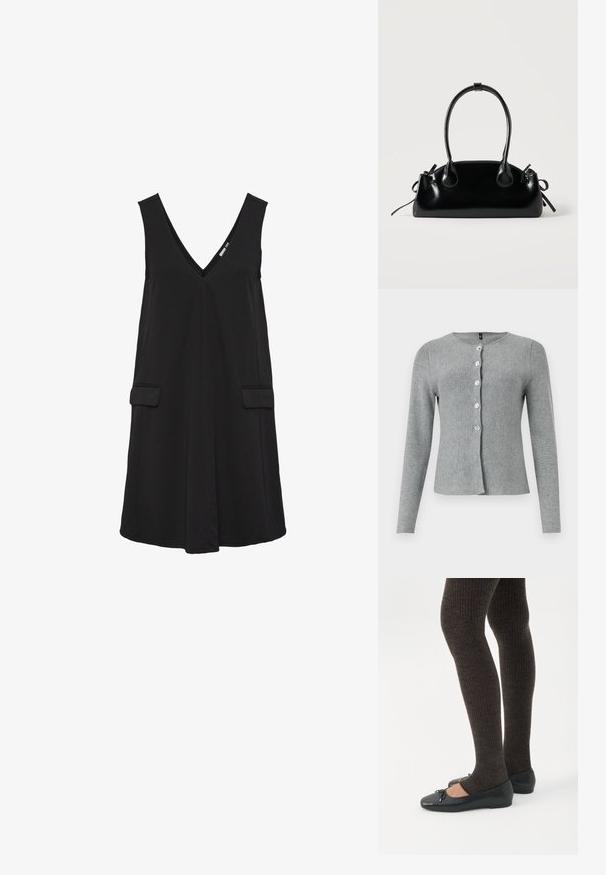 Grijze lange mouw cardigan, ronde halslijn, met vijf doorzichtige knopen aan de voorkant, gemaakt van een zachte gebreide stof met een gladde textuur.; Zwarte mouwloze V-hals jurk met voorflappen en A-lijn silhouet.; Benen met donkere geribbelde leggings gecombineerd met zwarte ballerina's met kleine strikdetails op een witte achtergrond.; Kleine zwarte glanzende handtas met twee lange hengsels en zijkant trekkoord details op een effen lichte achtergrond.