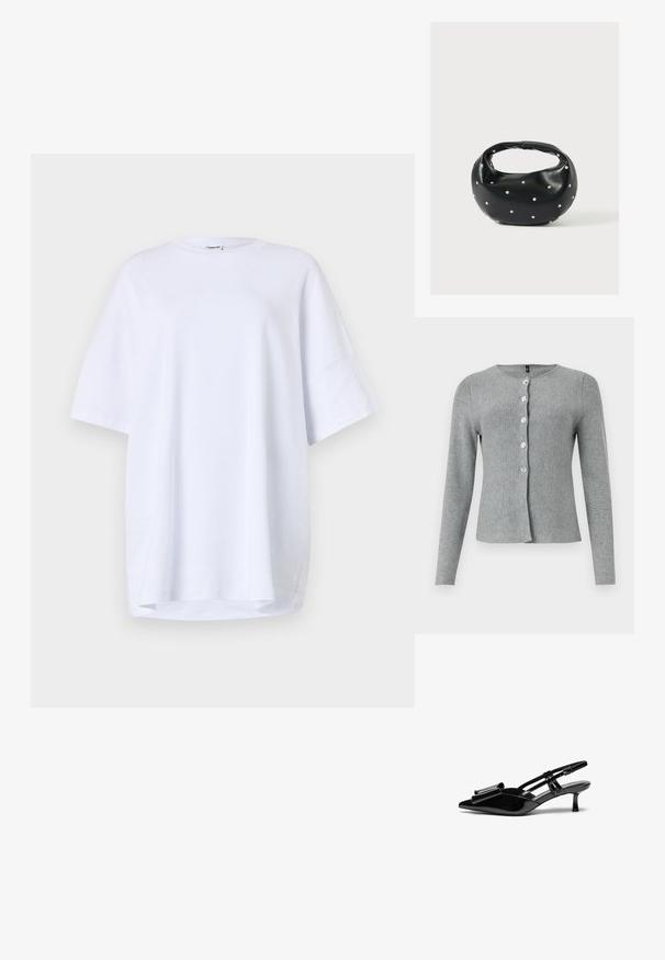 Sivý dlhý rukáv kardigán, okrúhly výstrih, s piatimi priehľadnými gombíkmi vpredu, vyrobený z mäkkého pleteného materiálu s hladkou textúrou.; Biela tričko s krátkym rukávom, voľného strihu, vyrobené z bavlny. Okrúhly výstrih, bočné rozparky na leme a hladká textúra bez viditeľných vzorov alebo akcentov.; Čierne lakované kožené slingback opätky s špicatou špičkou, mašľou na prednej strane a malým ihličkovým podpätkom. Popruhy majú nastaviteľné spony.; Čierna kožená kabelka s zaobleným tvarom, zdobená striebornými cvočkami a krátkym rúčkou. Hladká textúra a zapínanie na zips.