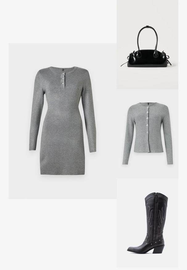 Cardigan long gris à manches longues, col rond, comportant cinq boutons transparents sur le devant, fabriqué en matériau tricot doux avec une texture lisse.; Robe grise à manches longues avec une forme ajustée, un col rond et une patte de boutonnage à trois boutons. Tissu texturé avec une finition lisse.; Bottes de cow-boy en cuir noir avec bout pointu, coutures apparentes, ornements à clous argentés et fermeture éclair sur le côté intérieur.; Petit sac à main noir brillant avec deux longues anses et des détails à cordon sur les côtés sur un fond clair uni.