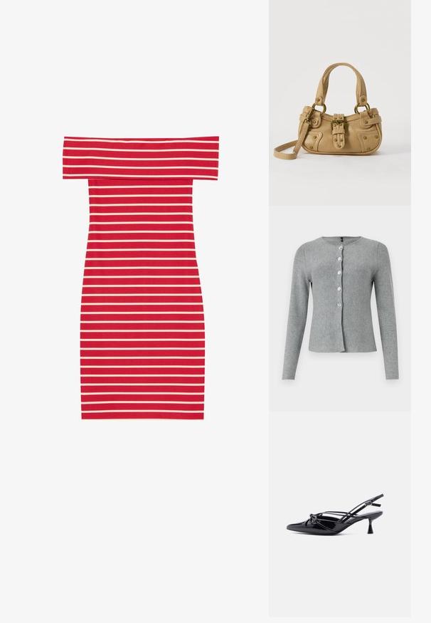 Cardigan long gris à manches longues, col rond, comportant cinq boutons transparents sur le devant, fabriqué en matériau tricot doux avec une texture lisse.; Robe moulante à rayures rouges et blanches, décolletée sur les épaules, avec une forme ajustée et une texture côtelée. Présente des rayures horizontales sur l'ensemble.; Escarpin slingback en cuir verni noir, bout pointu, petit talon kitten et nœud décoratif noué à l'avant.; Sac à main en cuir beige avec double poignées, boucle en laiton et détails rivetés, ainsi qu'une bandoulière réglable sur fond blanc.