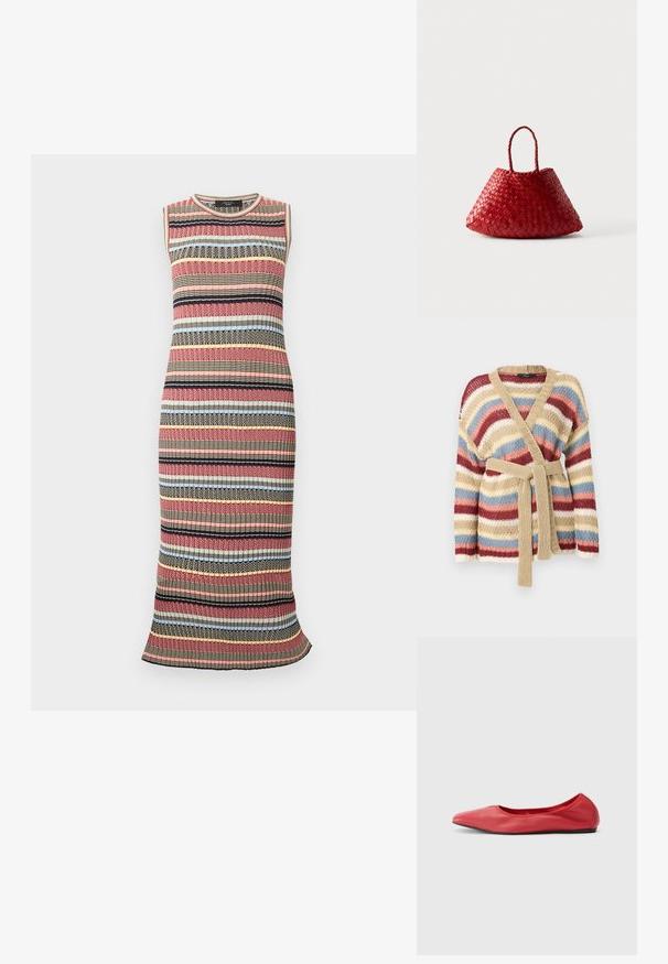 Cardigan tricoté avec de larges rayures horizontales en beige, rouge, blanc, bleu et rose, doté d'une ceinture tricotée beige et d'un col en V.; Robe sans manches tricotée mi-longue avec des rayures horizontales multicolores en rouge, noir, beige, bleu et jaune, dotée d'une texture côtelée.; Filippa K REY FLATS - Ballerines - bright red; Sac à main en cuir tressé rouge avec une forme triangulaire arrondie et deux poignées tressées sur fond blanc.