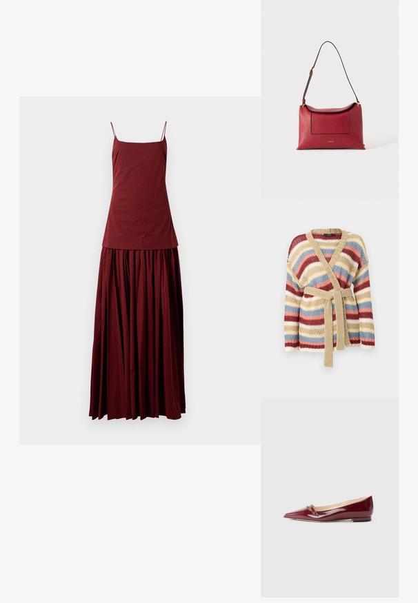 Strikket cardigan med brede vandrette striber i beige, rød, hvid, blå og pink, med et beige strikkebælte og V-udskæring.; Ærmeløs maroon kjole med en tætsiddende top og en svajende, plisseret nederdel. Lavet af letvægtsstof, har den tynde spaghettistropper.; Bordeaux patenteret læderballerinaer med spids tå, der har en lille udskæring og en lav hæl. Glat tekstur og elegant design.; Rød læder skuldertaske med sort kant, en frontlomme og en justerbar rem mod en ensfarvet hvid baggrund.