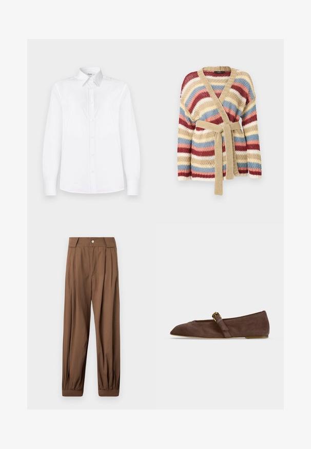 Strikket cardigan med brede vandrette striber i beige, rød, hvid, blå og pink, med et beige strikkebælte og V-udskæring.; Hvid langærmet skjorte lavet af glat stof, med krave og en knaplukning foran med lyserøde knapper.; Brune bukser med høj talje, folder foran og elastiske manchetter, med bæltestropper og knaplukning.; Brun ruskind flad sko med spids tå og guldbeslået rem på siden, vist i profil mod hvid baggrund.