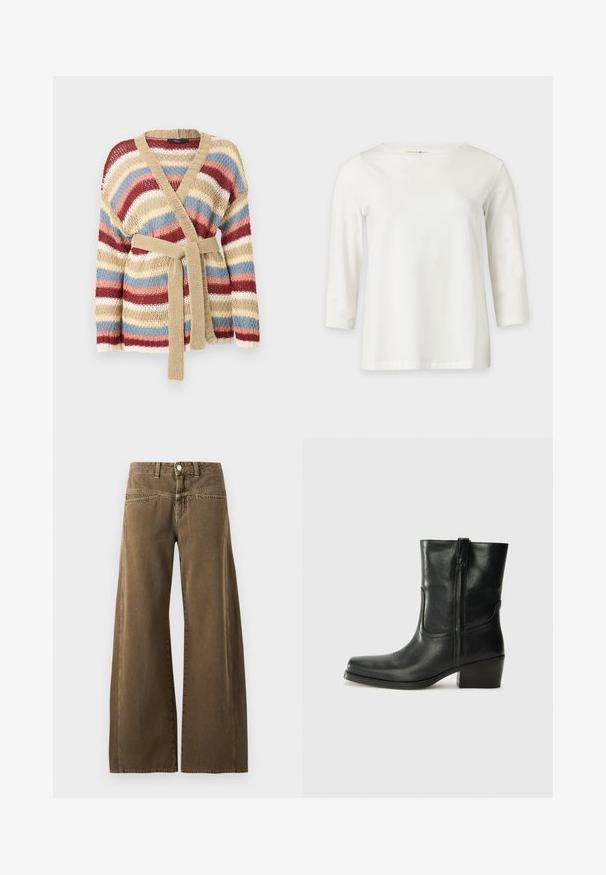 Strikket cardigan med brede vandrette striber i beige, rød, hvid, blå og pink, med et beige strikkebælte og V-udskæring.; Hvid langærmet skjorte med rund halsudskæring, vist på en ensfarvet lys baggrund.; Brune bukser med høj talje og brede ben med forreste knap, bæltestropper og synlige syninger på en lys baggrund.; Sort læder ankelstøvle med rundt tå, blokhæl, lynlås i siden og stikninger på vampsiden. Glat tekstur, klassisk design.