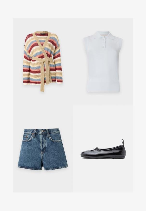 Gebreid vest met brede horizontale strepen in beige, rood, wit, blauw en roze, voorzien van een beige gebreide ceintuur en een V-hals kraag.; Lichtblauw mouwloos polo shirt met een traditionele kraag, drie knopen, en geribbelde zoom. Gemaakt van een gladde, zachte stof.; Denim shorts in medium blue met een hoge taille, vijf zakken, contrasterende stiksels en een metalen knoopsluiting. Textuurstof met een lichte vervaging.; Zwarte gepoetste leren balletschoenen met een ronde neus, een klein strikje en een gladde textuur; heeft een lage platte zool en een lusje aan de hiel.