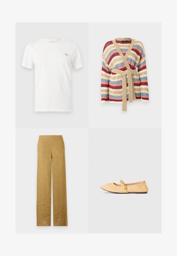 Cardigan tricoté avec de larges rayures horizontales en beige, rouge, blanc, bleu et rose, doté d'une ceinture tricotée beige et d'un col en V.; T-shirt blanc à manches courtes et col rond avec un petit renard orange brodé sur la poitrine gauche.; Pantalon taille haute à jambes larges en lin marron clair, avec un devant lisse et un design minimaliste.; Ballerines en cuir jaune avec un bout pointu, design froncé avec un accent en chaîne dorée, et une semelle violette. Texture lisse.
