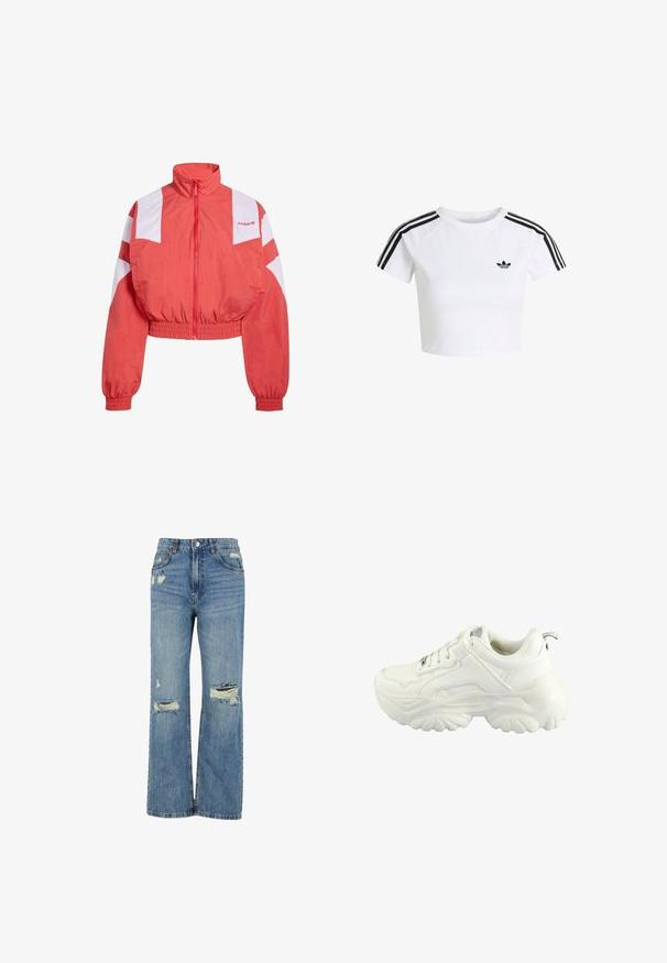 adidas Originals Sweat zippé - better scarlet; T-shirt court blanc avec logo Adidas trefoil noir sur la poitrine et trois bandes noires courant le long des épaules et des manches.; Jean en denim bleu clair avec une taille haute, coupe large, déchirures effilochées au niveau des genoux et design classique à cinq poches.; Baskets blanches avec un design chunky, une tige en synthétique lisse, un col rembourré et une semelle en caoutchouc texturé avec un motif en losange.