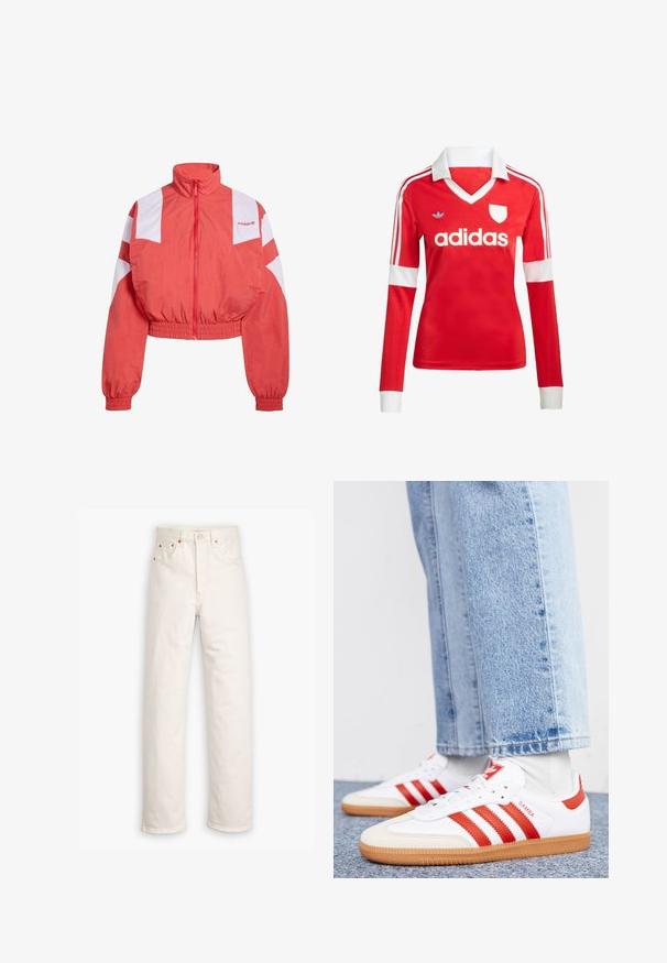 adidas Originals Sweat zippé - better scarlet; Maillot de football à manches longues rouge avec un col et des poignets blancs. Présente trois rayures blanches sur les épaules et le logo "adidas" affiché en évidence.; Jeans en denim blanc avec un design à jambe droite, style cinq poches et accents en métal cuivré. Finition effilochée au niveau des chevilles.; Baskets en cuir blanc avec des rayures et des accents rouges. Dotées d'une semelle extérieure en gomme texturée et d'un col rembourré. Portées avec un jean en denim bleu clair.
