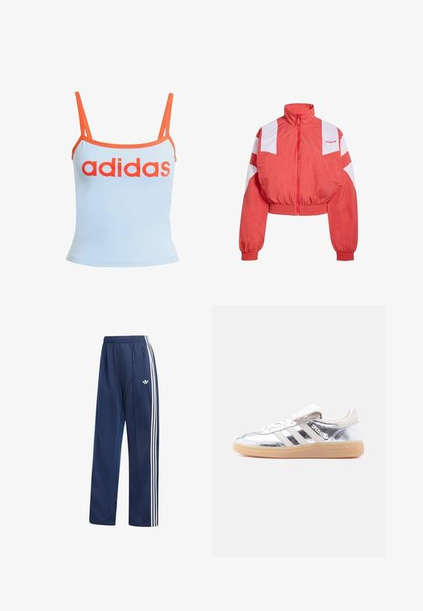 adidas Originals Sweatjacke - better scarlet; Hellblaues Tanktop mit orangefarbenen Akzenten, das das auffällige rote "adidas"-Logo über der Brust präsentiert. Hergestellt aus weichem, elastischem Stoff. Dünne Träger.; Marineblaue Adidas Trainingshose mit weißen drei Streifen an den Seiten, elastischem Bund, Reißverschlusstasche und Adidas Trefoil-Logo am linken Oberschenkel.; Silberner metallic Adidas Spezial Sneaker mit weißen Streifen und Gummisohle, von der linken Seite auf einem schlichten weißen Hintergrund gezeigt.