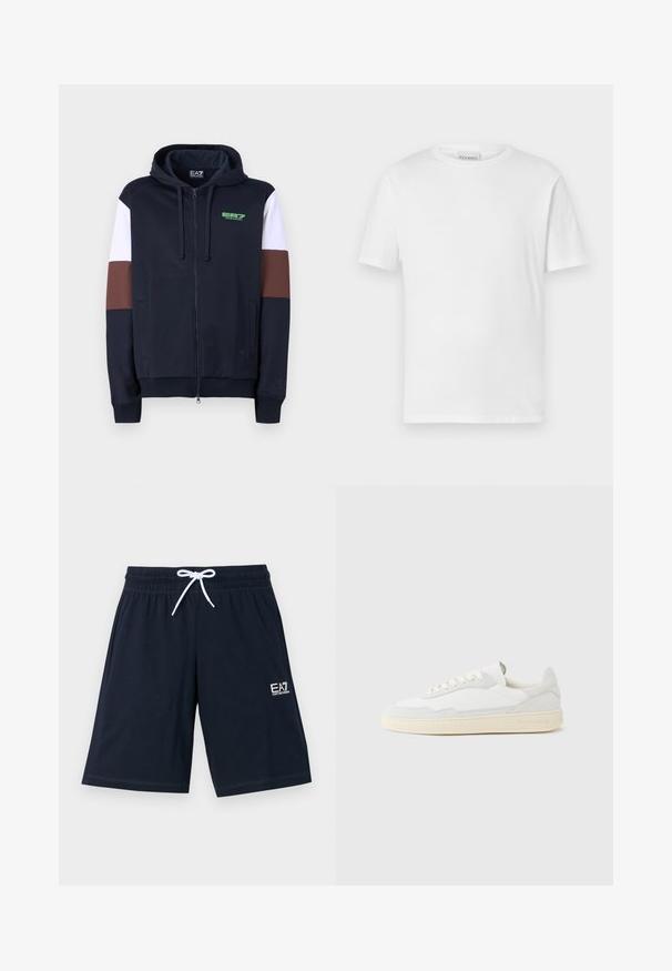 Sudadera con cremallera en azul marino con rayas de acento en blanco y marrón. Presenta una textura suave, bolsillos tipo canguro y un logo verde en el pecho.; Camiseta blanca de manga corta hecha de algodón. Presenta un escote redondo y un dobladillo recto. Sin patrones ni adornos. Diseño simple.; Pantalones cortos de color azul marino hechos de una tela suave con una cinturilla elástica y cordones blancos. Presentan un pequeño logo blanco en la parte inferior izquierda.; Zapatilla blanca con parte superior texturizada de ante y cuero. Presenta una puntera redondeada, cierre con cordones y suela de goma beige contrastante.