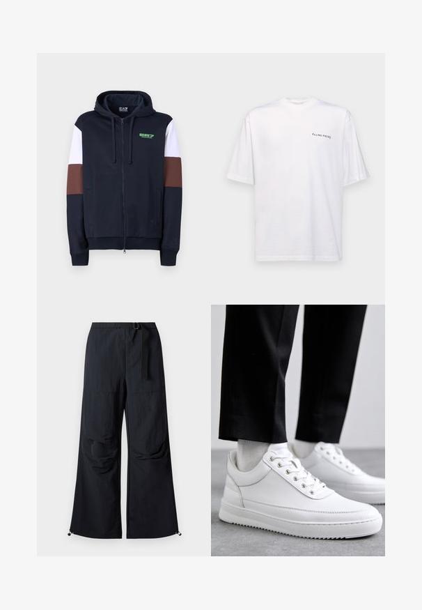 Sudadera con cremallera en azul marino con rayas de acento en blanco y marrón. Presenta una textura suave, bolsillos tipo canguro y un logo verde en el pecho.; Camiseta blanca de manga corta en algodón con cuello en V, que presenta un logo negro de "FILLING PIECES" impreso en el lado izquierdo.; Pantalones negros de pierna ancha hechos de tela ligera. Cuentan con un cinturón, dos grandes bolsillos laterales y dobladillos ajustables con cierres de cordón.; Zapatillas de cuero blanco con una suela de goma plana, que presentan un acabado suave, punta redonda y ojetes de metal para los cordones. Llevadas con pantalones negros.