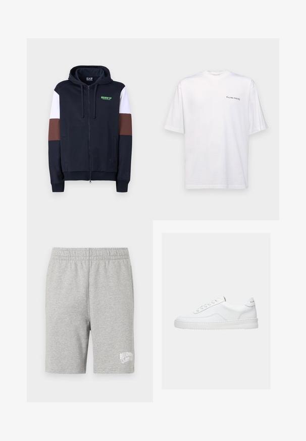 Navy zip-up hoodie met witte en bruine accentstrepen. Beschikt over een zachte textuur, kangoeroe zakken en een groen logo op de borst.; Witte katoenen T-shirt met korte mouwen en een V-hals, voorzien van een zwart "FILLING PIECES" logo dat aan de linkerkant is gedrukt.; Grijze katoenen shorts met een elastische tailleband en een wit logo aan de onderzijde rechts. Zachte textuur, knielange pasvorm.; Witte lage sneaker met vetersluiting, glad leren bovenwerk en dikke zool, gezien vanuit de zijkant tegen een effen achtergrond.