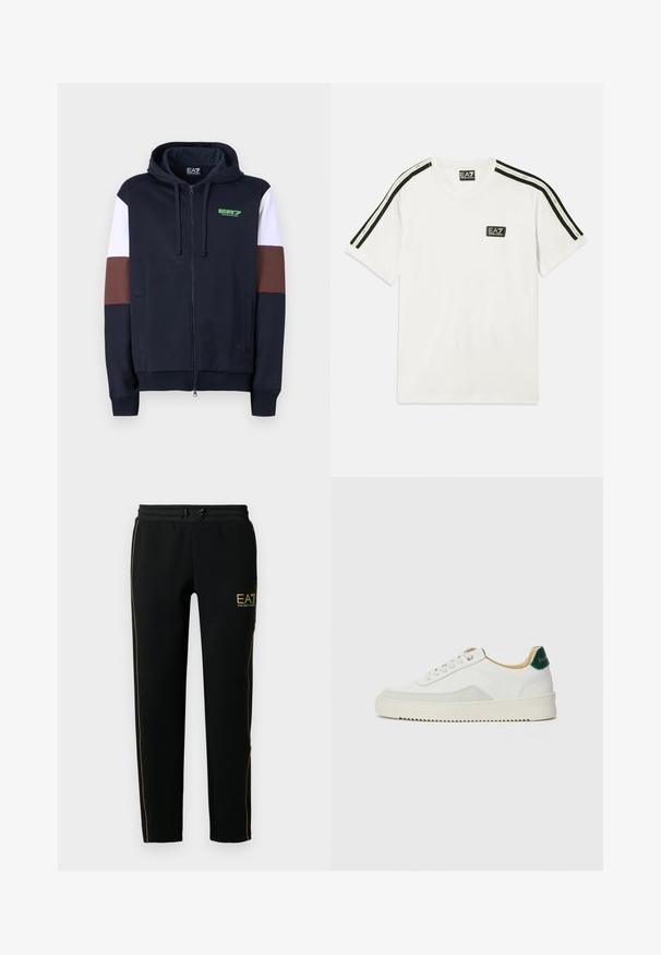 Navy zip-up hoodie med hvide og brune akcentstriber. Har en blød tekstur, kenguruposer og et grønt logo på brystet.; Hvid bomulds t-shirt med rund halsudskæring, korte ærmer, sorte accentstriber på skuldrene og et lille EA7-logo på brystet.; Sorte joggingbukser har et tapered design, elastisk talje med snor og gyldne accentstriber langs siderne og logoet.; Hvide sneakers med ruskindsdetaljer, rund tå, flade snørebånd og en cremet gummisål. Har grøn branding på hælen.