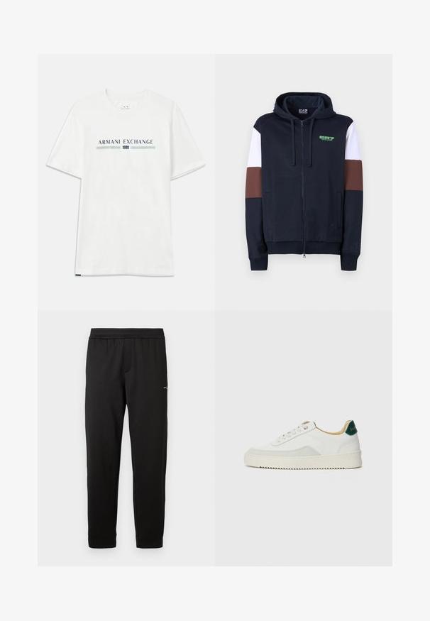 Hoodie zippé en navy avec des bandes d'accentuation blanches et marron. Il présente une texture douce, des poches kangourou et un logo vert sur la poitrine.; T-shirt en coton blanc à manches courtes, avec un logo "ARMANI EXCHANGE" bleu et vert et "1991" centré en dessous.; Pantalon de sport noir en tissu doux. Taille élastique et poignets élastiques. Présente un petit logo sur le côté. Coupe droite.; Baskets blanches avec des accents en daim, bout arrondi, lacets plats et semelle en caoutchouc crème. Présente une marque verte sur le talon.