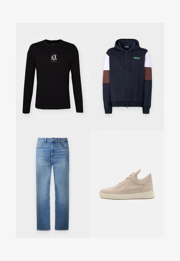 Navy zip-up huppari, jossa on valkoiset ja ruskeat korostusraidat. Omistaa pehmeän pinnan, kengurupocketsit ja vihreän logon rinnassa.; Pitkähihaisen mustan T-paidan valmistettu puuvillasta, jossa on pyöreä pääntie. Keskellä rintaa valkoinen "A|X" -logo. Yksinkertainen muotoilu, minimaliset korostukset.; Vaaleansiniset suoralahkeiset farkut, joissa on viisi taskua ja napitus, esitetty tasaisena valkoista taustaa vasten.; Beige mokkasini-kengät pyöristettyllä kärjellä, valkoisella pohjalla ja tasaisilla nauhoilla. Ominaisuuksiin kuuluu vetoketju kantapäällä ja teksturoidut sivupaneelit.