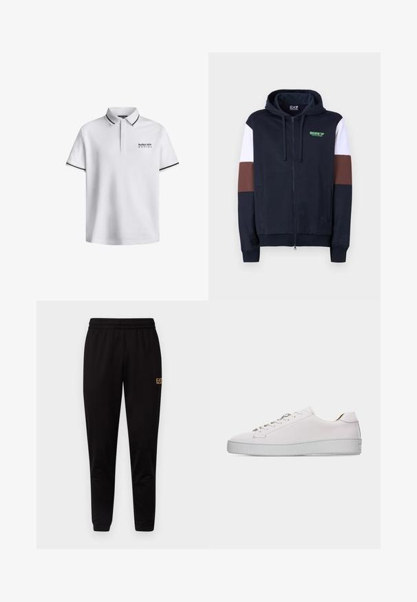 Navy zip-up huppari, jossa on valkoiset ja ruskeat korostusraidat. Omistaa pehmeän pinnan, kengurupocketsit ja vihreän logon rinnassa.; Valkoinen polo-paita klassisella kauluksella, lyhyet hihat, joissa on mustia yksityiskohtia hihoissa ja "Red Bull Racing" -logo rinnassa.; Mustat verkkarit, joissa on joustava vyötärö, tiukat hihnat ja pieni keltainen logo vasemmassa yläreidessä. Pehmeä, sileä kankaan rakenne.; Matalavartinen valkoinen nahkainen lenkkari, jossa valkoiset nauhat, litteä kuvioitu kumipohja ja minimaalinen ompelu, esitetty ulkosivulta valkoisella taustalla.