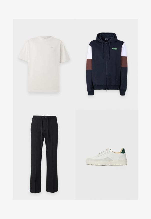 Navy zipsová mikina s bielymi a hnedými prúžkami. Má mäkkú textúru, klokanie vrecká a zelené logo na hrudi.; CLOSED LOGO - Základné tričko - blush pink; Čierne tepláky s viazaním v páse, plochým predným dielom a rovným strihom. Obsahujú zelené akcenty pozdĺž bočných švov. Mäkká tkanina.; Biele tenisky s semišovými akcentmi, zaoblenou špičkou, plochými šnúrkami a krémovou gumovou podrážkou. Na päte sú zelené značky.