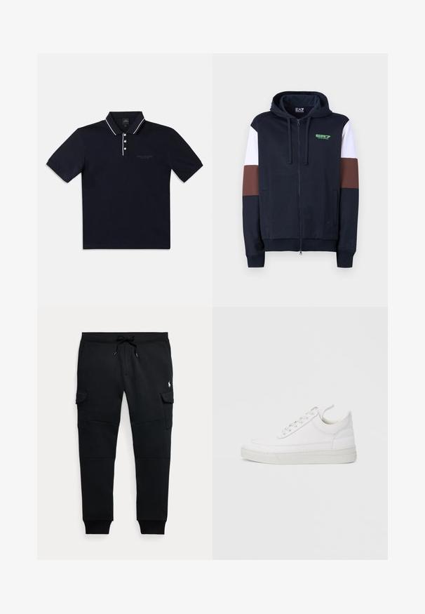 Navy zip-up huppari, jossa on valkoiset ja ruskeat korostusraidat. Omistaa pehmeän pinnan, kengurupocketsit ja vihreän logon rinnassa.; Laivastonsininen poolopaita, jossa on lyhyet hihat, kaulus ja kolmen napin nappilista. Kauluksessa valkoinen reunus ja hillitty logotunnus.; Mustat cargo-jogger-housut, joissa on kiristysnauhavyötärö, sivutaskut kannella, resorit lahkeensuissa ja pieni valkoinen polo-pelaajan logo oikeassa reisissä.; Valkoinen nahkainen lenkkarit, joissa on pyöreä varvas, tasainen pohja ja nauhat edessä. Mallissa on ompelutaitoja ja pehmustettu kaulus mukavuutta varten.