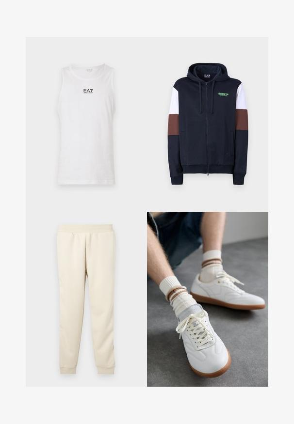 Navy zip-up huppari, jossa on valkoiset ja ruskeat korostusraidat. Omistaa pehmeän pinnan, kengurupocketsit ja vihreän logon rinnassa.; Valkoinen hihaton t-paita, joka on valmistettu puuvillasta. Rinnassa musta EA7 -logo ja pyöreä pääntie. Sujuva pinta, rento muotoilu.; Vaaleanbeiget collegehousut, jotka on valmistettu pehmeästä kankaasta. Niissä on kapeampi muotoilu, joustava vyötärö ja resorit nilkoissa. Ei näkyviä kuvioita tai yksityiskohtia.; Valkoiset nahkalenkkarit, joissa on sileä pinta, harmaat samettikoristeet, beige kumipohjat ja tasaiset nauhat. Paritettu kermaan ja ruskeaan raidallisten sukkien kanssa.
