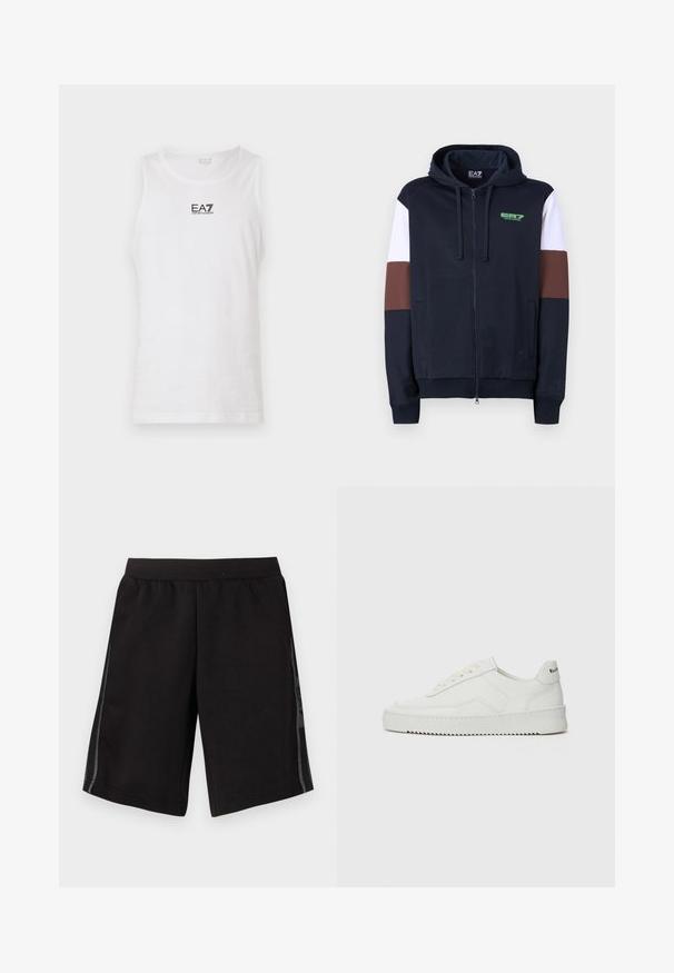 Navy zip-up hoodie met witte en bruine accentstrepen. Beschikt over een zachte textuur, kangoeroe zakken en een groen logo op de borst.; Witte mouwloze tanktop van katoen, met een zwart EA7-logo op de borst en een ronde halslijn. Glad textuur, casual ontwerp.; Zwarte sportshorts met een elastische tailleband, voorzien van zijpanelen van gaas en een logo op het linkerpijpen. Gladde stoftextuur.; Witte leren sneaker met een gladde afwerking, ronde neus, platte veters en een gestructureerde zool. Kenmerkt zich door een subtiel logo op de hiel.
