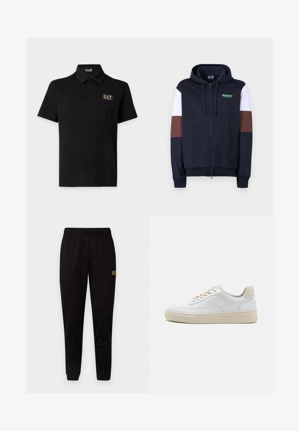 Hoodie zippé en navy avec des bandes d'accentuation blanches et marron. Il présente une texture douce, des poches kangourou et un logo vert sur la poitrine.; Polo noir à manches courtes avec trois boutons et un patch logo EA7 Emporio Armani sur la poitrine gauche.; Pantalons de survêtement noirs avec une taille élastique, des poignets ajustés et un petit logo jaune sur la cuisse gauche. Texture de tissu douce et lisse.; Sneaker blanche avec un dessus en cuir lisse, des lacets beige et un onglet de talon en daim beige texturé. Semelle surélevée pour une hauteur supplémentaire.