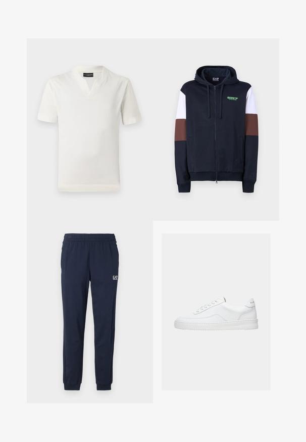Zip-up hoodie in navy with white and brown accent stripes. Features a soft texture, kangaroo pockets, and a green logo on the chest.; White short-sleeve t-shirt with a v-neck design and soft texture. Simple, straight cut with no patterns or additional accents.; Navy blue sweatpants with an elastic waistband and cuffs. Features a small white logo on the left leg. Made from a soft, stretchy material.; White low-top sneaker with lace-up design, smooth leather upper, and a thick sole, shown from side view on a plain background.