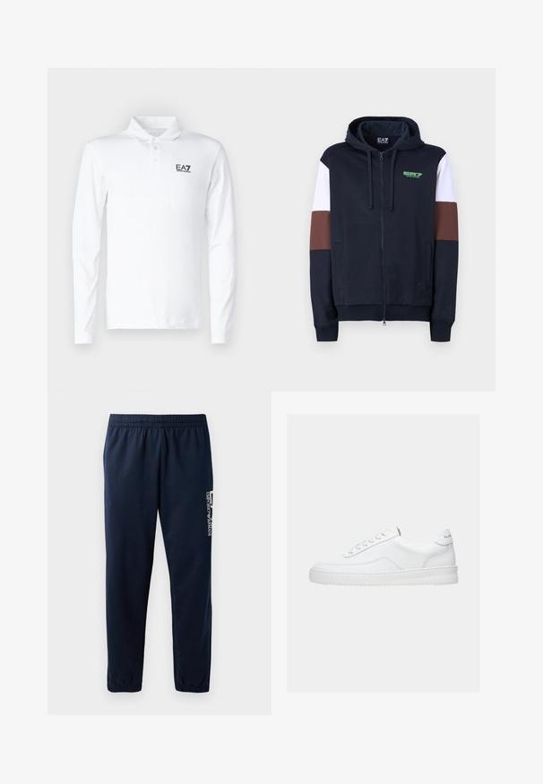 Hoodie zippé en navy avec des bandes d'accentuation blanches et marron. Il présente une texture douce, des poches kangourou et un logo vert sur la poitrine.; Polo à manches longues blanc en coton, avec un col classique, trois boutons et un logo EA7 noir sur la poitrine.; Pantalons de survêtement bleu marine avec une taille élastique, des jambes fuselées et un logo blanc sur le côté. Tissu lisse avec une texture légère.; Baskets basses blanches avec un design à lacets, dessus en cuir lisse et semelle épaisse, montrées de profil sur un fond uni.
