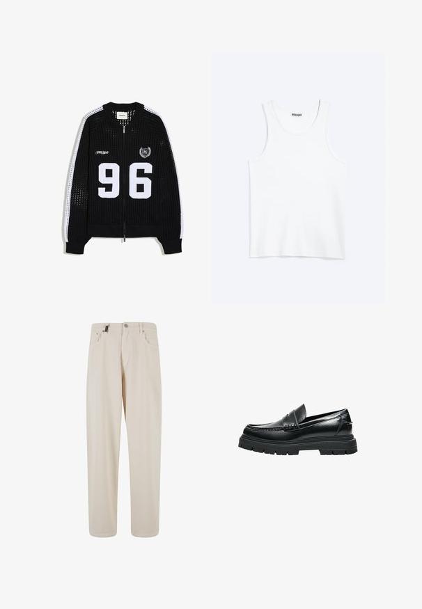 Sort mesh strikket lynlåstrøje med hvide striber på ærmerne, stort hvidt nummer 96 foran og små hvide logoer på brystet.; Hvid ærmeløs tanktop med rund halsudskæring og Weekday-mærke på den indvendige baghals, vist fladt på lys baggrund.; Beige bomuldsbukser med lige ben, der har forlommer og knaplukning. Glat tekstur med minimal detaljering.; Sort læder-loafer med tyk rillede sål og penny remdetaljer, vist fra siden på hvid baggrund.