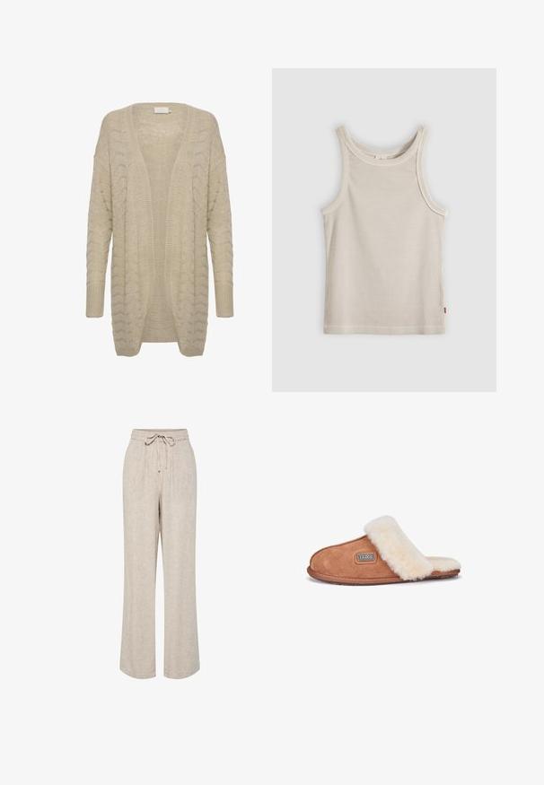 Cardigan beige à ouverture devant avec un motif de tricot texturé, présentant des manches larges et des bordures côtelées pour plus de détail et de confort.; Débardeur beige côtelé sans manches avec encolure ronde et coupe ajustée, présenté sur un fond gris.; Pantalon beige coupe ample avec jambes larges, taille élastique et cordon noué à l'avant.; Mocassin en suède marron avec une sangle et une doublure en fourrure synthétique couleur crème, bout rond, semelle plate et logo sur le côté.