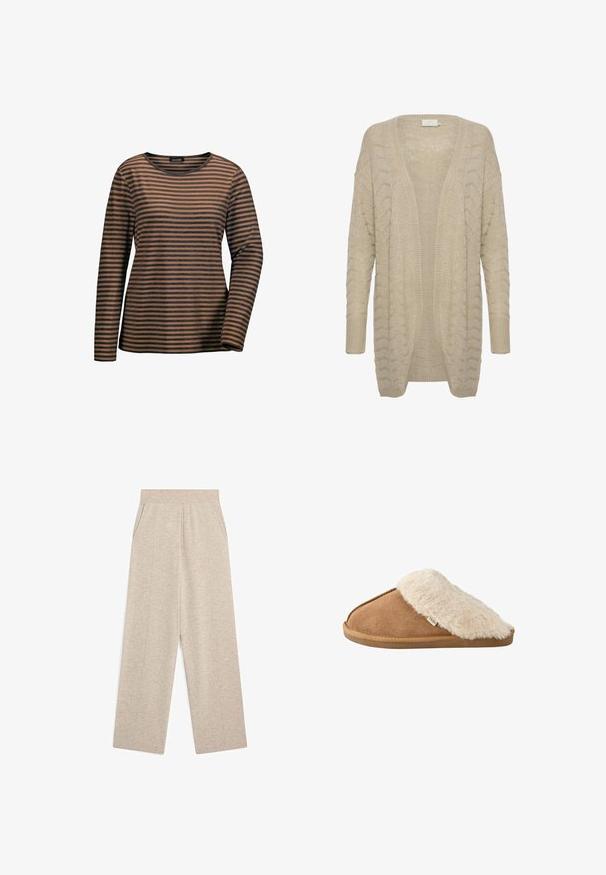 Beige open-front cardigan met een textuur gebreid patroon, met brede mouwen en ribbels aan de randen voor extra detail en comfort.; Gestreepte lange mouwen shirt in warm bruin en donkerblauw. Zachte stof met een ronde halslijn en een relaxte pasvorm. Standaard mouwen met manchet.; Beige gebreide wijde broek met elastische tailleband en zijzakken, voorzien van verticale naaddetails aan de voorkant van elke pijp.; Bruine instapslipper met zachte beige nep bont voering en zool, zijkant gezien op witte achtergrond.