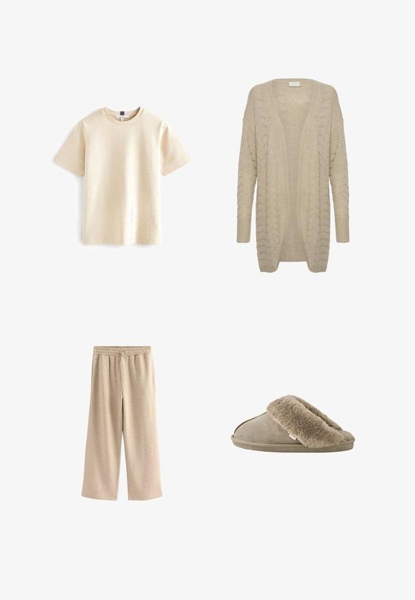 Beige offene Strickjacke mit einem strukturierten Strickmuster, ausgestattet mit weiten Ärmeln und gerippten Abschlüssen für zusätzlichen Stil und Komfort.; Beige T-Shirt mit kurzen Ärmeln aus weicher Baumwolle, mit einem runden Ausschnitt und einem entspannten Schnitt mit subtiler Textur.; Cremefarbene Schlaghosen aus einem weichen Baumwollmix. Sie verfügen über einen elastischen Bund mit Kordelzug und einer dezenten gesprenkelten Textur.; Beiger Hausschuh zum Hineinschlüpfen mit weichem, plüschigem Fellbesatz rund um die Öffnung und einer aussenseitig velourslederähnlichen Sohle.