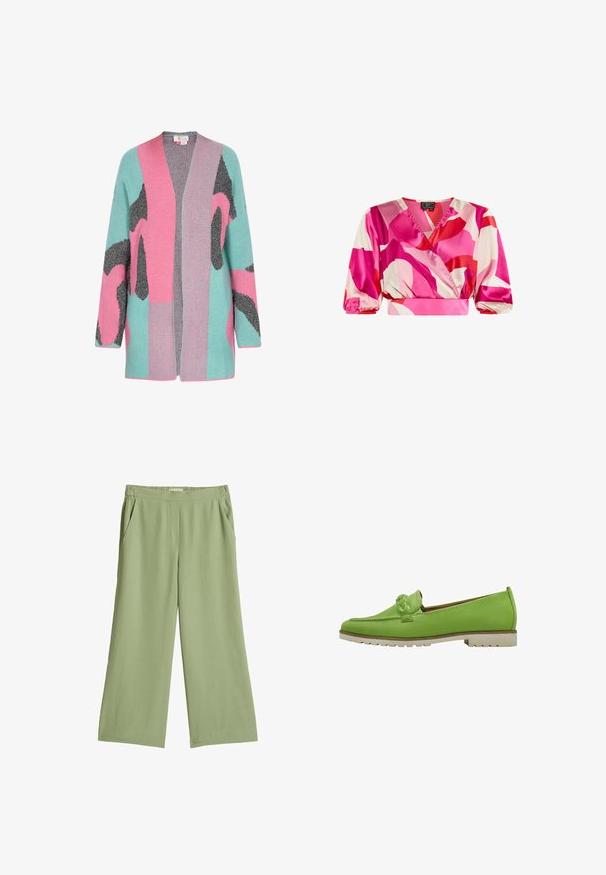 Strikket cardigan med løs pasform, åben front og et dristigt mønster i pink, turkis og sort i forskellige teksturer og former.; Kort wrap-bluse med pink, rød og creme abstrakt print, pufærmer og elastiske manchetter.; Lysegrønne bukser med vide ben, elastik i taljen og sidelommer, lavet af blødt, luftigt stof.; Grønne læder loafers med en fletaccent foran, flad hvid sål og glat overflade med et lavprofil design.