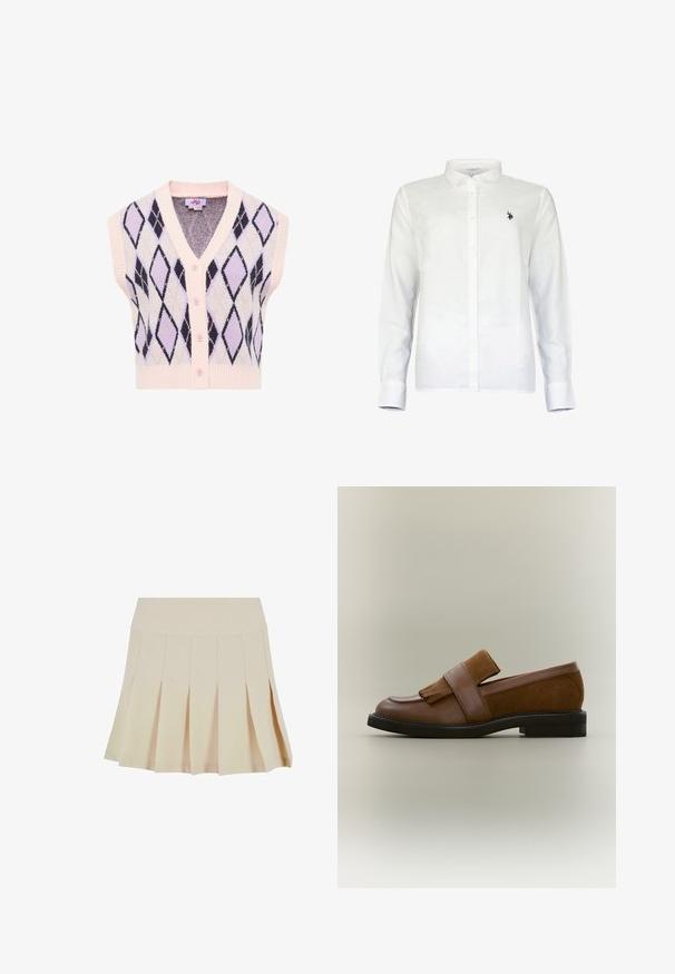 Mouwloos roze gebreid vest met knopen aan de voorkant en zwart-lavendel argyle ruitpatroon.; Wit overhemd met lange mouwen, knoopsluiting, kraag en een klein zwart geborduurd polospelerlogo op de linkerborst.; Beige geplisseerde rok met een aangesloten tailleband, gemaakt van een gladde stof. Kenmerkt zich door meerdere verticale plooien en een rechte zoom.; Bruine leren en suède loafer met franjes aan de riem en een zwarte zool, zijaanzicht op een neutrale achtergrond.