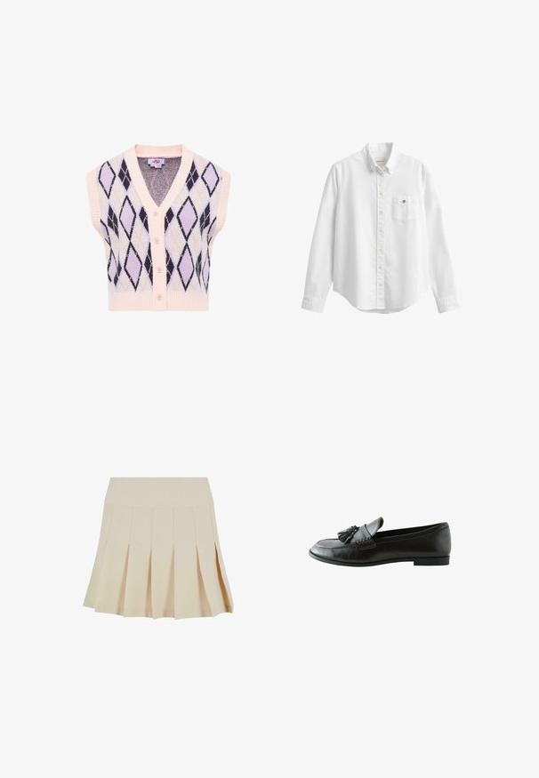 Gilet en tricot rose sans manches avec boutons sur le devant et motif losanges argyle noir et lavande.; Chemise blanche à manches longues boutonnée avec col et poche poitrine avec un petit logo brodé sur fond uni.; Jupe plissée beige avec une taille cintrée, fabriquée dans un tissu lisse. Présente plusieurs plis verticaux et un ourlet droit.; Mocassin en cuir noir avec des glands à l'avant, semelle plate et coutures décoratives sur le côté.