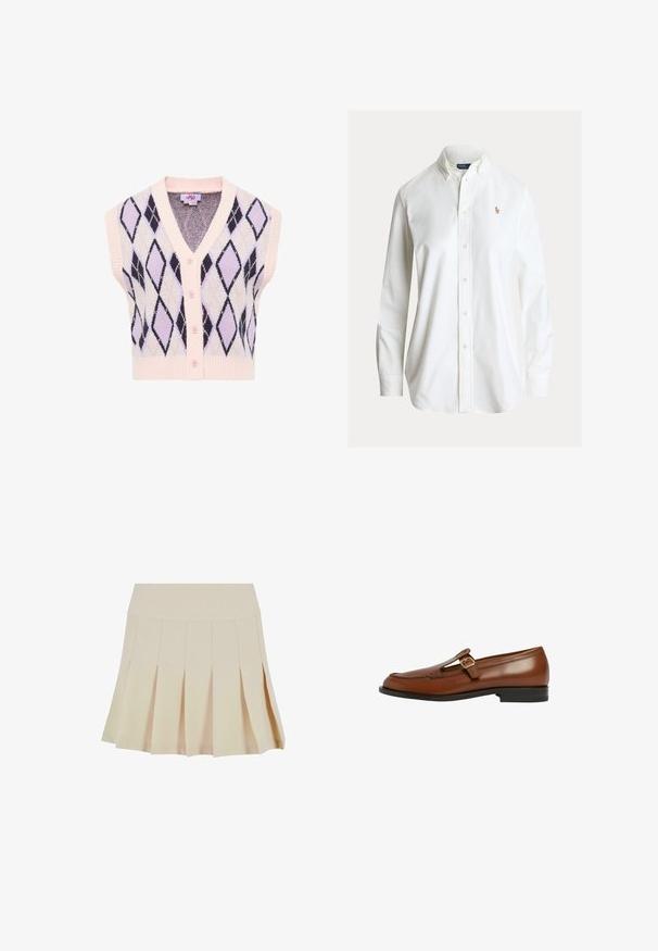 Gilet en tricot rose sans manches avec boutons sur le devant et motif losanges argyle noir et lavande.; Chemise blanche à manches longues avec boutons, col boutonné et petit logo brodé de joueur de polo sur la poitrine gauche.; Jupe plissée beige avec une taille cintrée, fabriquée dans un tissu lisse. Présente plusieurs plis verticaux et un ourlet droit.; Mocassin en cuir marron pour homme avec boucle sur le côté et petit talon noir, présenté de profil sur fond blanc.