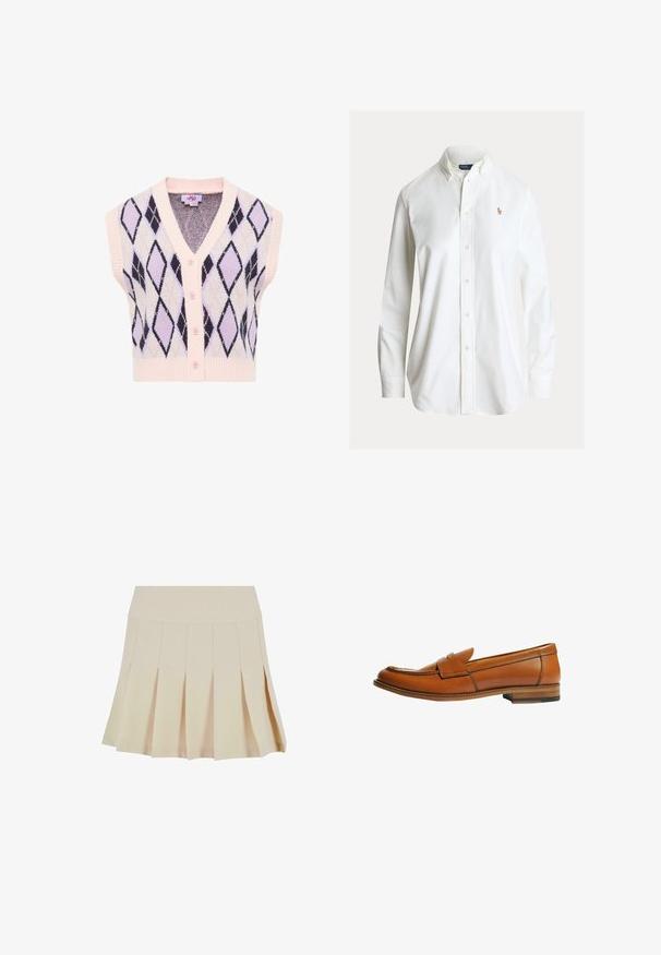 Mouwloos roze gebreid vest met knopen aan de voorkant en zwart-lavendel argyle ruitpatroon.; Wit overhemd met lange mouwen, knoopsluiting, button-down kraag en klein geborduurd polo spelerlogo op de linkerborst.; Beige geplisseerde rok met een aangesloten tailleband, gemaakt van een gladde stof. Kenmerkt zich door meerdere verticale plooien en een rechte zoom.; Bruine leren loafer met een platte hak, ronde neus en een decoratieve band over de wreef. Gladde textuur met contrasterende stikdetails.